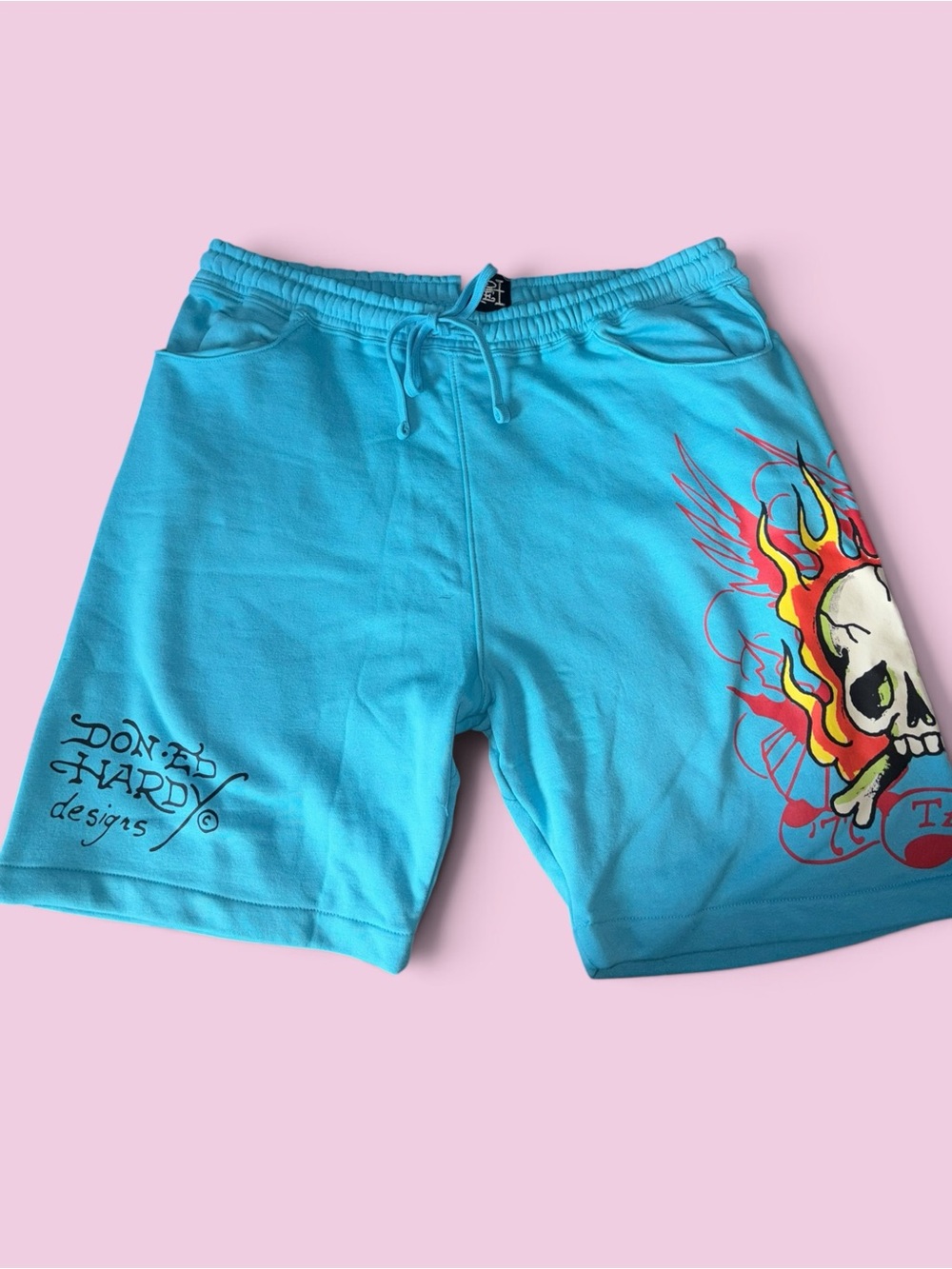 Ed Hardy Turquoise Skull Flame Graphic Shorts